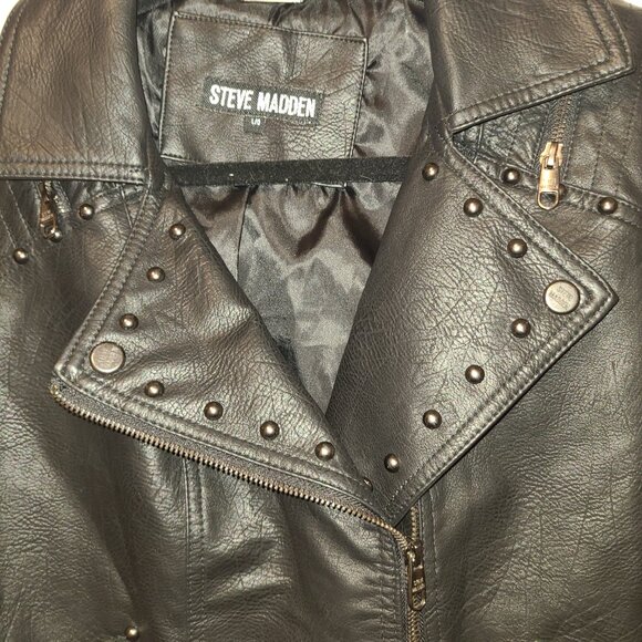 Steve Madden Women's Studded Faux Leather Biker Jacket Black Large Zipper Accent - Picture 6 of 9